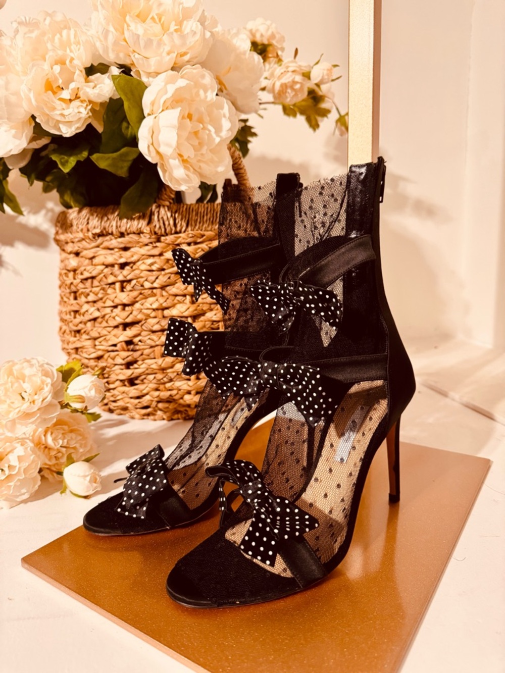 Vero Cuoio Black Polka Dot Mesh Bow Ankle-Heel Sandals